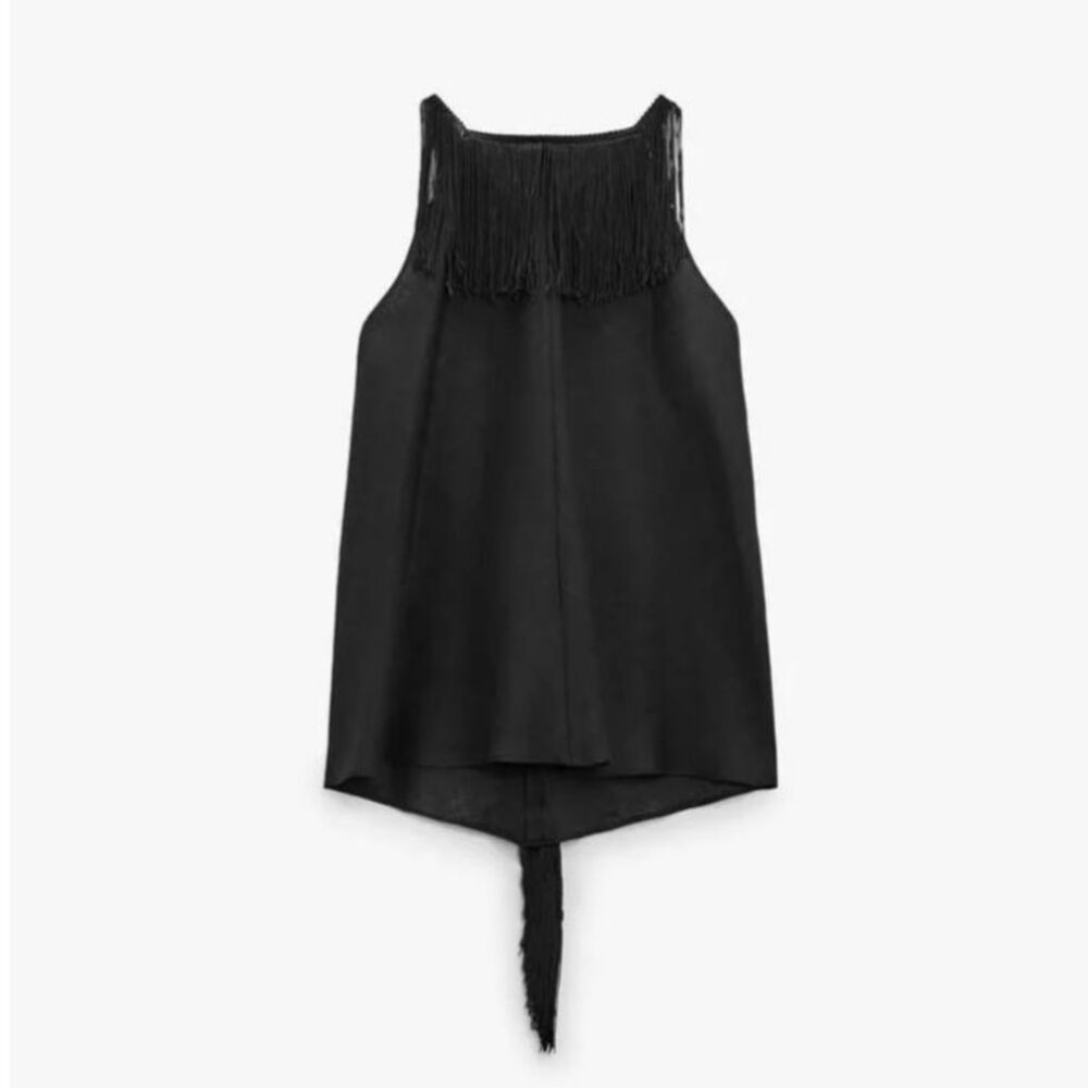 Zara Black Fringe 100% Linen Halter Open Back Top Size XS NWT